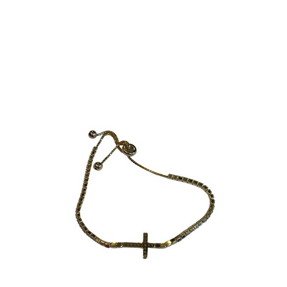 Adjustable Goldtone Cross Bracelet Clear Rhinestones - Picture 4 of 5